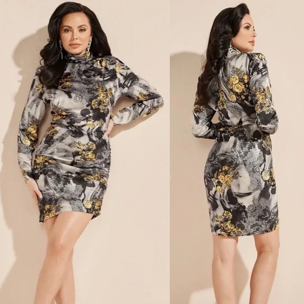 NWT New $208 Marciano Aurora Printed Golden Rose Long Sleeve Dress Size 6